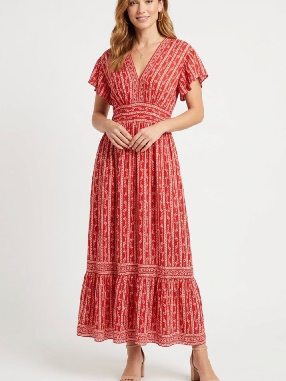 Max Studio Flutter Sleeve Red Floral Tiered Maxi Dress- L
